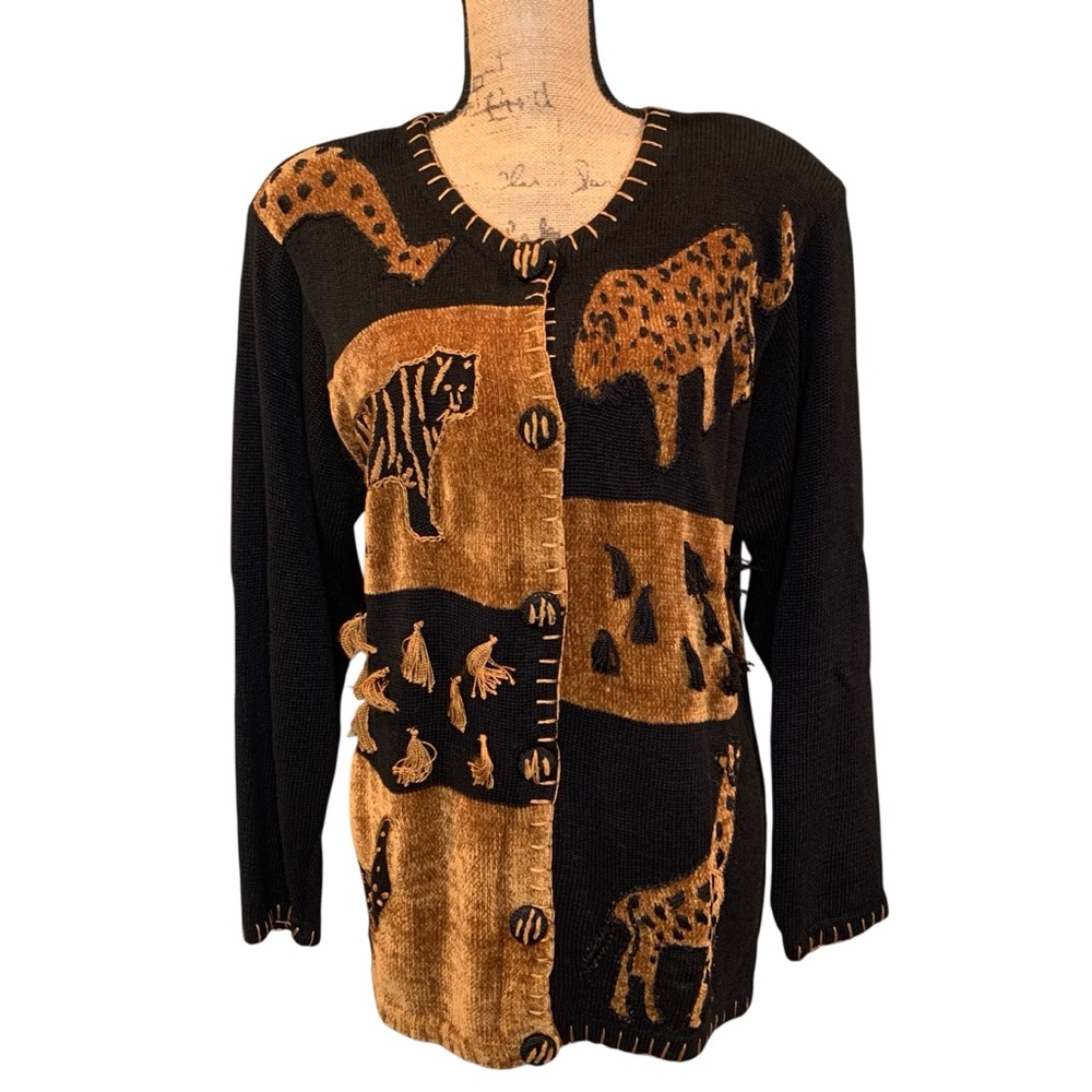 Vintage Black and Brown Cardigan with Safari-Inspired Design